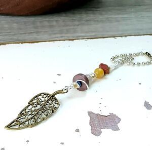 Bronze Leaf Beaded Keychain Bag Charm, Gemstone Accessories, 5"